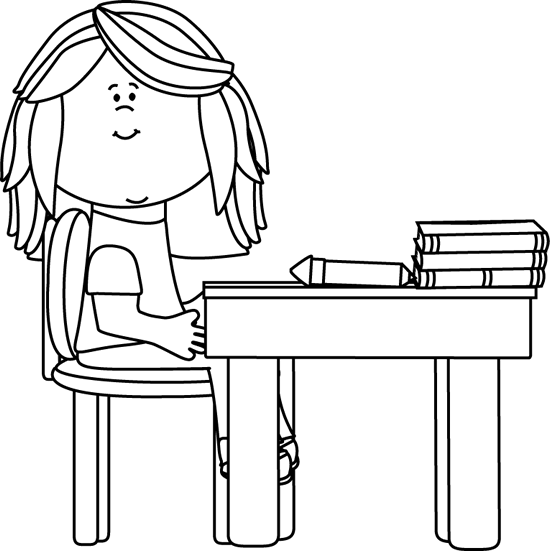 _Black_and_White_Little_Girl_at_School_Desk